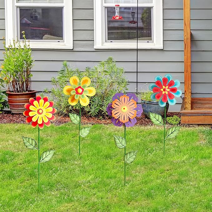 Metal Flowers for Outside,4 Pack 16.33" Decorative Garden Stakes with Swaying Flowers Head Yard Art,Spring Garden Decor for Lawn, Pathway & Yard
