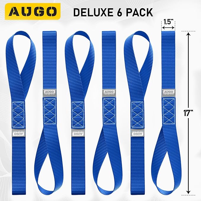 AUGO Heavy Duty Soft Loops –Pack of 6-1.5” x 17” Tie Down Anchor Straps for Use w/Ratchet Strap Hooks – 3000Lb Load Capacity & 10,000Lb Break Strength – Great for Motorcycle, Bike, Roof Rack, Etc.
