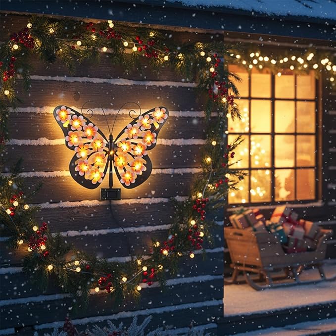 Solar Lights Outdoor Metal Butterfly Wall Decor with 30 Led - 13.5" Outdoor Fence Wall Art,Hanging Decoration for Garden Patio Porch Yard,Gifts for Women，Xmas Gifts for Mom Grandma