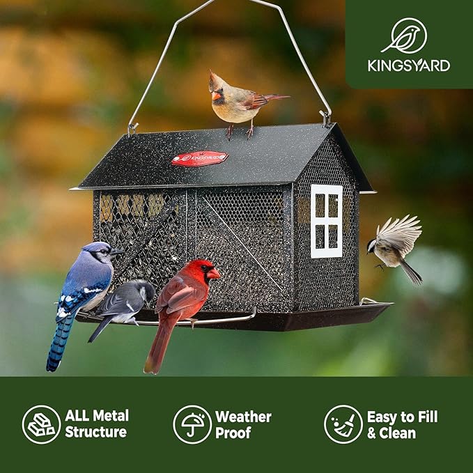 Kingsyard Metal Bird Feeder for Outdoors Hanging, 2-in-1 Wild Bird Feeder with Seed Tray & Built-in Perch, 5 lb Large Capacity for Cardinal Chickadee Finch, Black