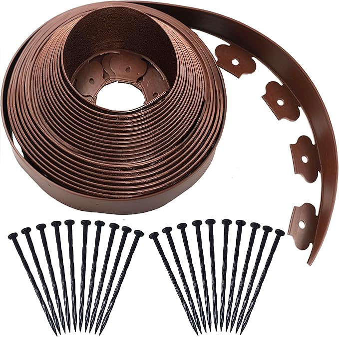 40 Ft Landscape Edging Kit, Brown Garden Edging Border with 40 Edging Garden Stakes, Plastic Landscaping Edging Roll for Flower Bed Lawn Driveway Yard