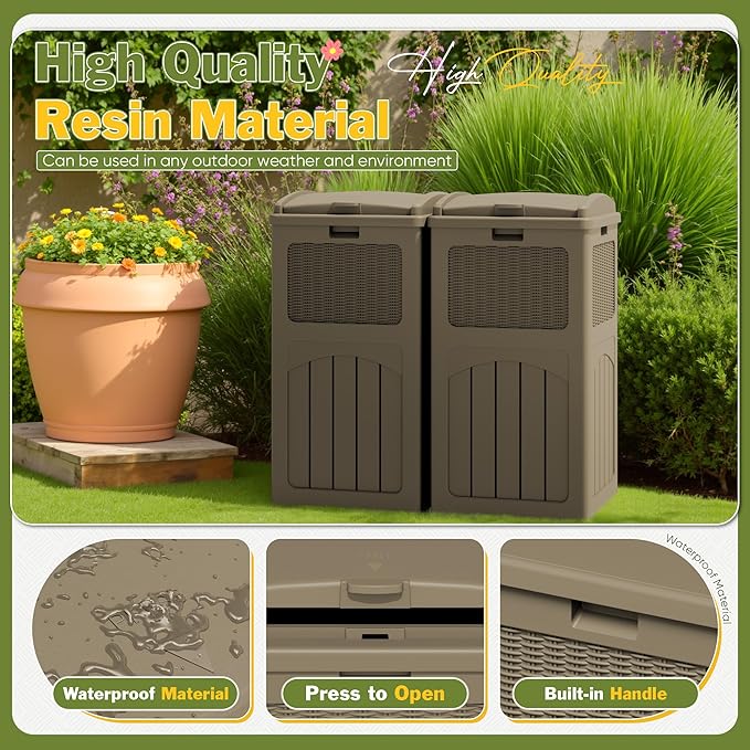 Greesum 33 Gallon Outdoor Trash Can with Lid, Waterproof Resin Garbage Bin for Hideaway, Patio, Deck, 2 Pack, Light Brown