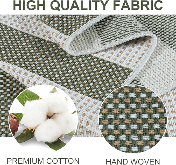 Green and White Striped Outdoor Rug 5x7, Washable Cotton Woven Patio Rug, Reversible Foldable Front Porch Decor Indoor Outdoor Rugs for Farmhouse/Living Room