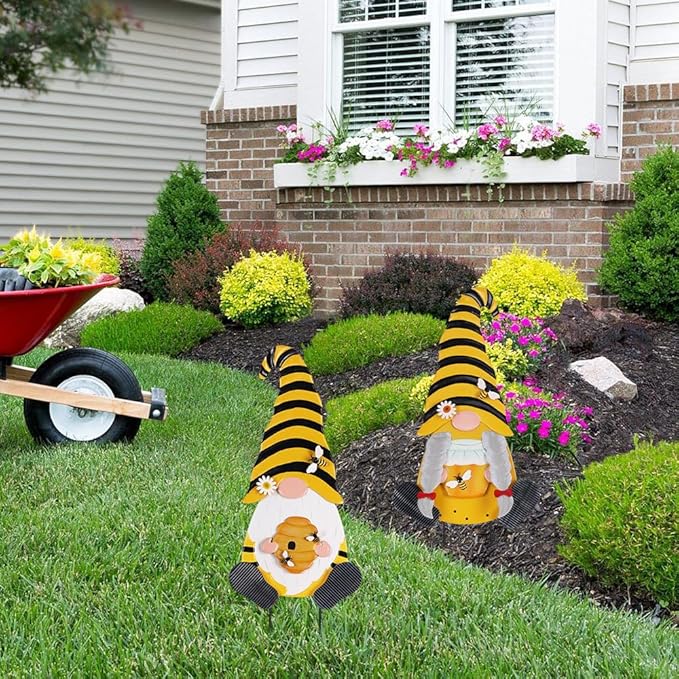 YEAHOME Metal Gnome Decorative Garden Stakes, 2 Pcs Outdoor Garden Decor with Honeybee Ornament Spring Decorations Yard Art Stakes for Indoor Outdoor Patio Lawn (Yellow & Orange)