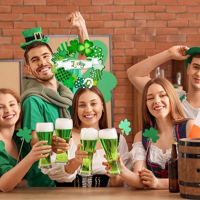 St. Patrick's Day Shamrock Door Sign, 11.5" Shamrocks Welcome Sign For Front Door Spring Rustic For Happy St. Patrick's Day Party Front Door Wall Home Decorations with Rope Outdoor Indoor Decor
