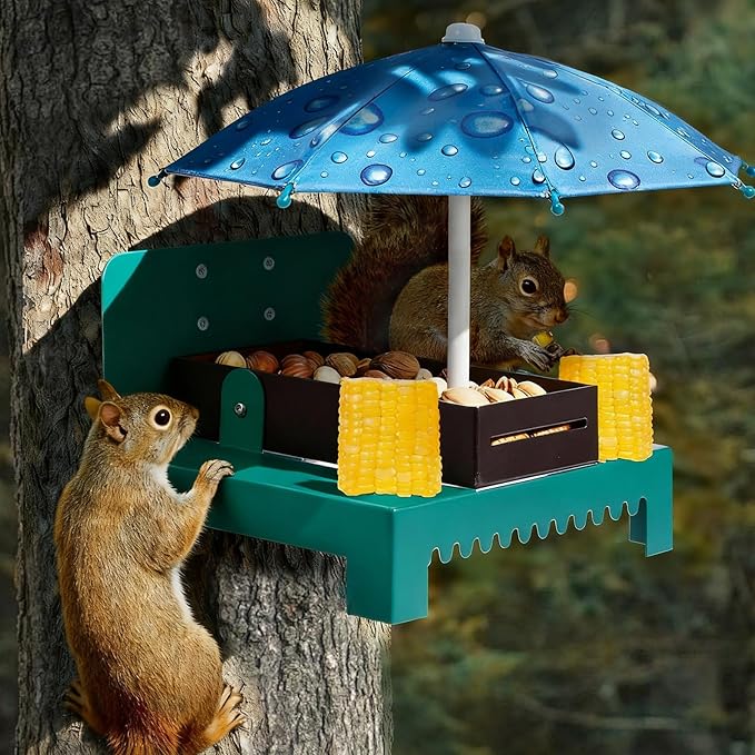 Metal Squirrel Feeder Picnic Table with Umbrella - Heavy Duty Iron Outdoor Chipmunk Feeder, Rust Resistant Corn Cob Holder, Funny Backyard Wildlife Gift for Nature Lovers. (Blue)