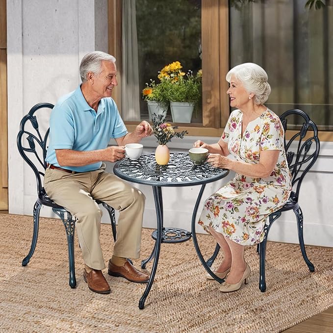 VINGLI 3 PCS Outdoor Bistro Set, Outdoor Patio Set, All-Weather Cast Aluminum Bistro Table Set, Bistro Table and Chairs Set of 2 for Backyard, Garden, Balcony (Green, Tulip)
