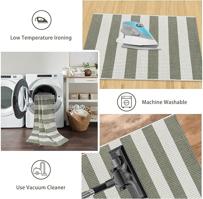 Green and White Striped Outdoor Rug 5x7, Washable Cotton Woven Patio Rug, Reversible Foldable Front Porch Decor Indoor Outdoor Rugs for Farmhouse/Living Room