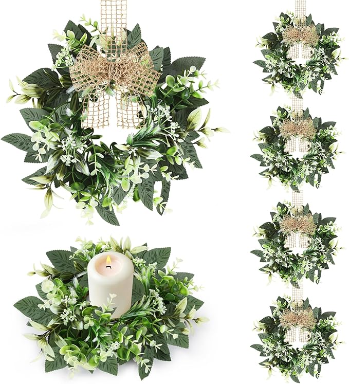 6 PCS Small Eucalyptus Leaves Cabinet Wreath Artificial Mini Spring Summer Greenery Kitchen Wreaths Vintage Swags Wreath with Retro Burlap Ribbon for Farmhouse Rustic Home Door Wedding Wall Decor