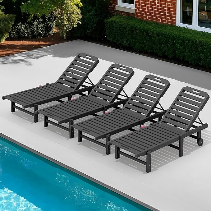 SERWALL Outdoor Chaise Lounge Set of 4, 78" Patio Lounge Chair with 5 Positions Adjustable Backrest, HDPE Lounger with Rolling Wheels & Cup Holder for Poolside, Beach, Garden, Grey