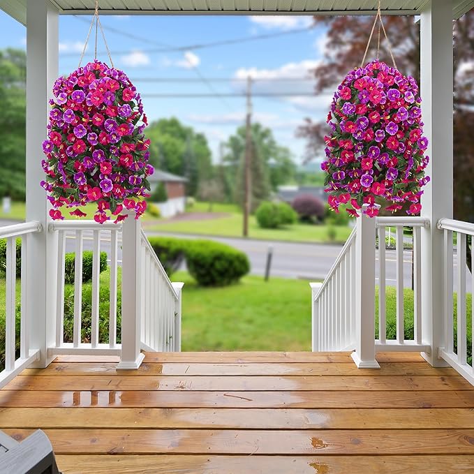 Artificial Fake Hanging Flowers Plants for Outdoor Outside Spring Summer Decoration 4PCS Faux Silk UV Resistant Realistic Morning Glory Trailing Vines for Home Porch Patio Balcony(Rose red & Magenta)