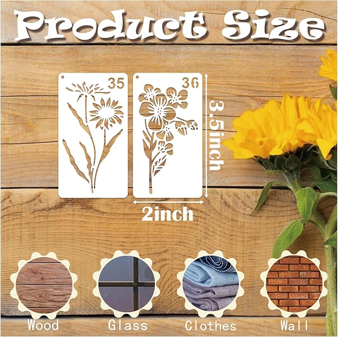 60pcs Small Floral Stencils for Painting on Wood Reusable Flower Wildflower Stencil Templates for Crafts Vine Herb Botanical Leaf Plant Stencils for Drawing on Wall Canvas Furniture(floral60)
