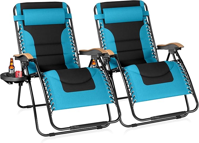 Sophia & William Oversized XXL Zero Gravity Chair Set of 2 Padded Adjustable Folding Reclining Lounge Chair Outdoor Gravity Chair with Wide Armrest and Cup Holder, Support 400 LBS, Aqua