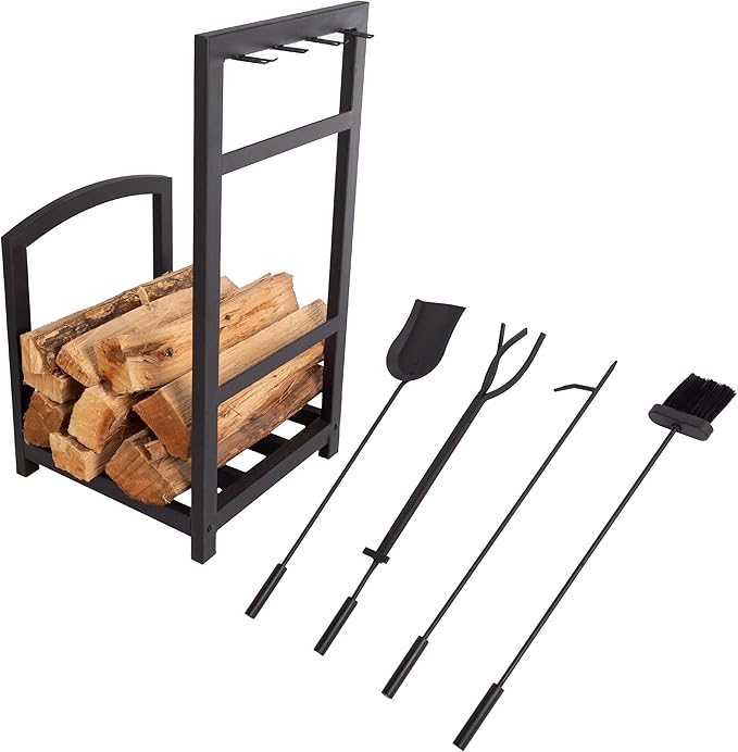 5-Piece Fireplace Tool Set and Log Rack - Mission-Style Firewood Holder with Shovel, Broom, Tongs, and Poker for Hearth by Lavish Home (Matte Black)