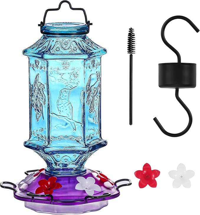 Hummingbird Feeder for Outdoors, Lantern Shaped Bottle, 6 Simulation Flowers Feeding Ports, 26 fl.oz, Hanging for Garden Yard, Rust Proof, Blue(Ant Moat Included)