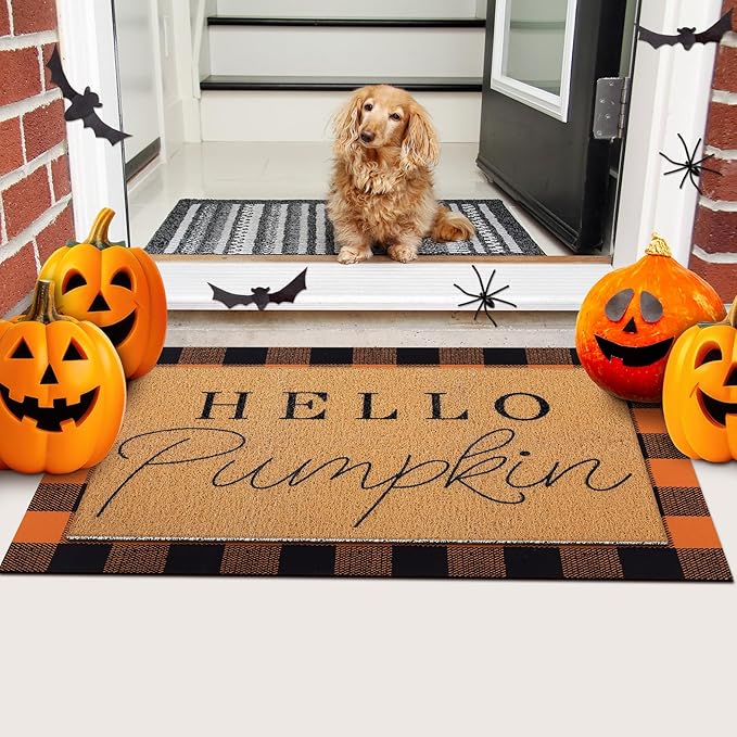 Tinideya 2 Pcs Fall Door Mat Thanksgiving Hello Pumpkin Welcome Non Slip Coir Mats Black Orange Buffalo Plaid Floor Layering Doormats Seasonal for Front Porch Entryway Decor(Black Orange)