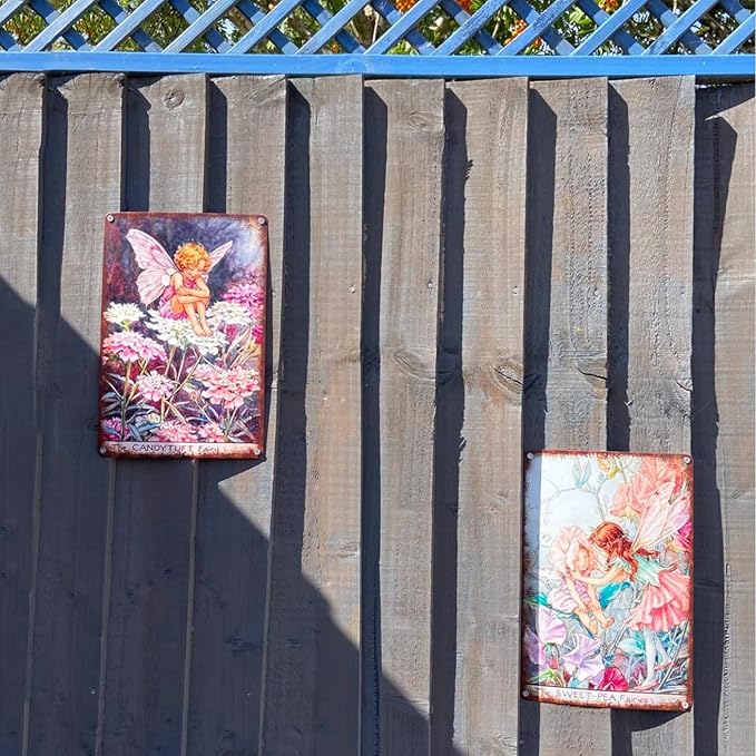 Flower Fairy Wall Decor Vintage Metal Tin Signs Fairy Garden Accessories - Thrift