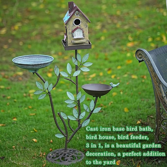 38" H Cast Iron Pedestal Bird Baths for Outdoors,3 in 1 Metal Bird Bath Bowl with Bird Houses and Bird Feeder,Garden Yard Decor