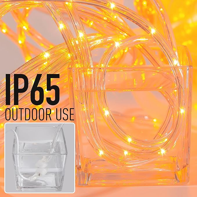Waterproof LED Rope Lights, Connectable & Flexible with 8 Modes, Outdoor Lighting for Deck, Garden, Pool, Patio & Christmas Decor (Orange, 20ft)