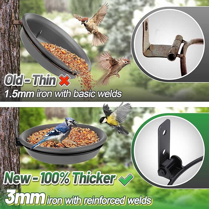 Fence Bird Feeders Tray - Tree Mounted Wild Bird Bath for Outdoors Place Food Water, Installed on Deck Wall Stakes with Heavy Duty Iron Ring, 8.3'' Dia. (Grey)