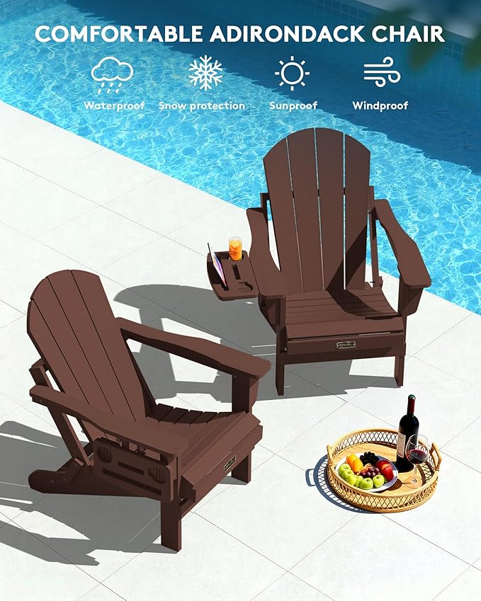 SERWALL Folding Adirondack Chair for Outdoor, Paito Adirondack Chairs with 4 in 1 Cup Holder, All-Weather Patio Chairs with Wood Texture, Fire Pit Chairs for Deck Porch Garden Poolside -Coffee