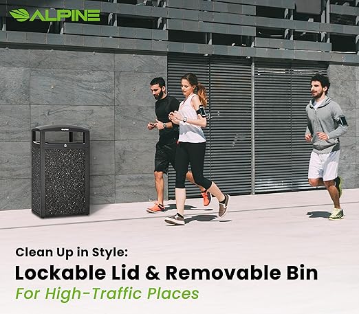 Alpine Industries 40 Gallon Commercial Outdoor Trash Can, Metal with Removable Bin & Locking Lid (Black, Grey Stone)