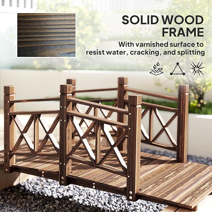 5FT Wooden Garden Bridge with Handrails, Decorative Landscape Footbridge for Yard, Pond, Farm or Creek - Rust-Resistant Cedar Construction, Easy Assembly & 300LB Capacity