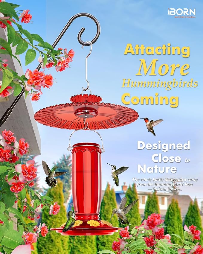 iBorn Hummingbird Feeders for Outdoors Hanging w/Sun Baffle,Ant Proof Moat for Hummingbird Feeder Glass, 8 Ports 16oz Humming Bird Nectar,Red Glass, Red Base,Pack of 1,2025 New