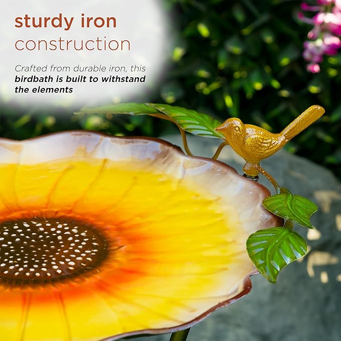 Alpine Corporation ORS882 Outdoor Metal Birdbath w/ Stylish Stand, Sunflower Birdbath Bowl and Stand Set, 29"H, Yellow/Green