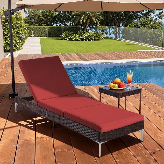 HOMREST Outdoor Lounge Chairs Set of 6, Patio Wicker Chaise Lounge with Removable Cushion, Rattan Pool Sunbathing Recliners with Adjustable Backrest (Burgundy)