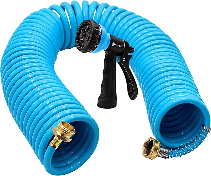 AUTOMAN Recoil Garden Hose 50 ft, EVA Curly Water Hose with Brass Connectors, Coil Garden Water Hose,Includes 7-Pattern Function Sprayer,Retractable,Corrosion Resistant Garden Coil Hose