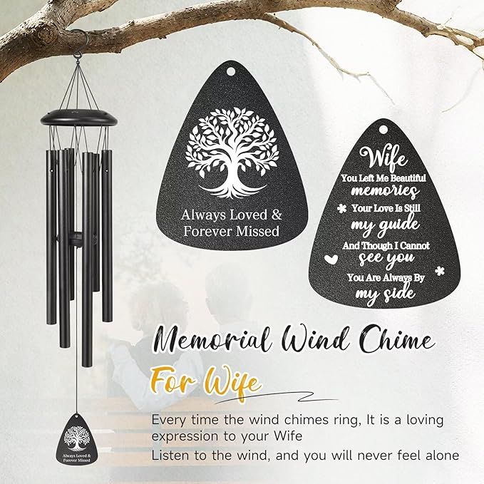 Memorial Gifts for Loss of Wife, 25''Memorial Wind Chimes of Sympathy Gifts for Loss of Wife,Condolence/Bereavement/Remembrance Gift,Windchimes in Memory,Funeral Decor for Garden Outside,Black