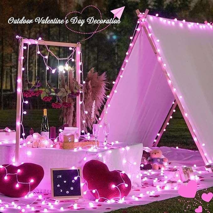 JMEXSUSS 100 LED Pink Valentine Lights Indoor,33 ft Connectable Globe String Lights Plug in, 8 Mode Fairy String Light with Remote for Bedroom Girl Room Anniversary Party Valentines Day Decorations