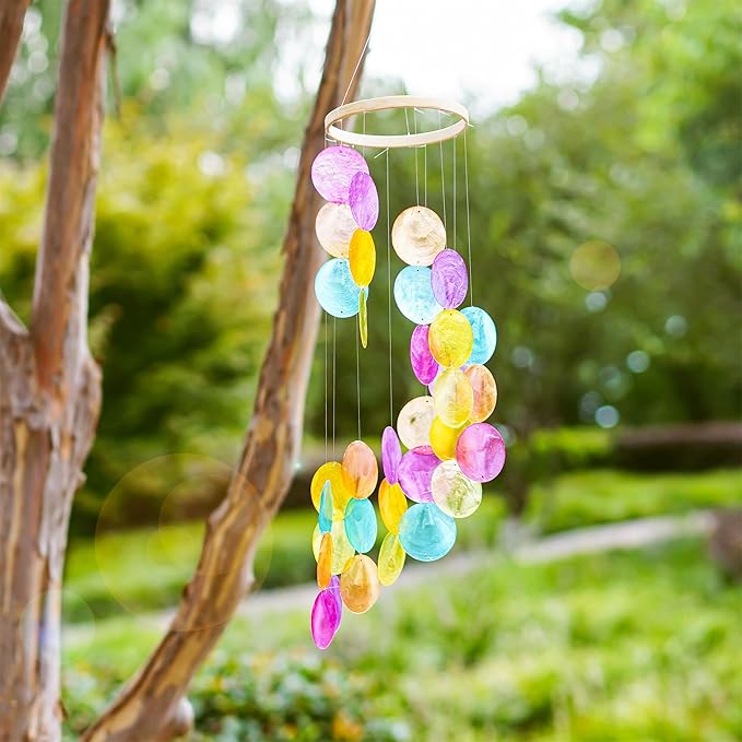 Rainbow Capiz Seashell Wind Chimes Outdoor Indoor Hanging Handmade Painted Colorful Beach Coast Ocean Home Decorative Hanging Mobiles Memorial Sympthy Gift