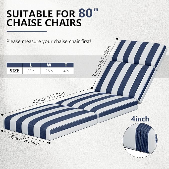 4 Pcs Chaise Lounge Cushions Outdoor, 80 x 26 x 4 Inch Lounge Chair Cushions for Outdoor Furniture - Waterproof Lounge Patio Replacement Cushion, 4In Fade-Resistant ThickPatio Chaise Lounge Cushion