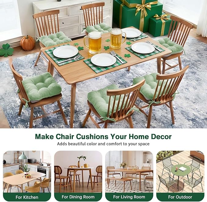 BETU Chair Cushions for Dining Chairs Set of 6,3.5" Thick Kitchen Table Chair Pads with Ties,Non Slip Backing and Covers, Home Decor Seat Cushion for Dining Room,Bar,Patio Chairs16"X16"X3.5"Sage Green