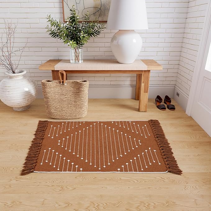 LIVEBOX Burnt Orange Bathroom Rug, Fall Washable Cotton Throw Rug for Bath Entryway Kitchen Sink, Boho Woven Front Door Halloween Decor Rugs with Tassel (2'x3')