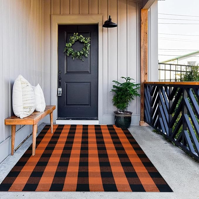 MUBIN Cotton Orange and Black Plaid Rug, 4 x 6 Ft Fall Outdoor Front Door Decorative Mat, Hand-Woven Rug for Layered Door Mats Washable Carpet for Porch, Entryway, Farmhouse, Autumn, Halloween