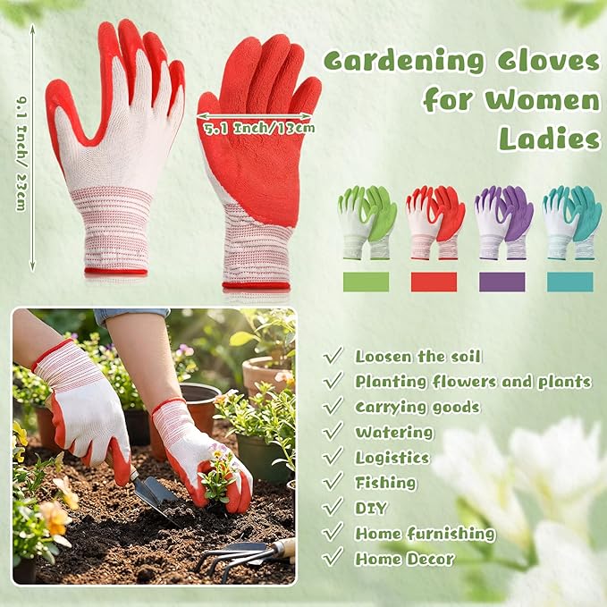 12 Pairs Gardening Gloves for Women Breathable Rubber Coated Garden Gloves Ladies Yard Protective Work with Grip for Outdoor Indoor Yard, General Purpose, 4 Colors