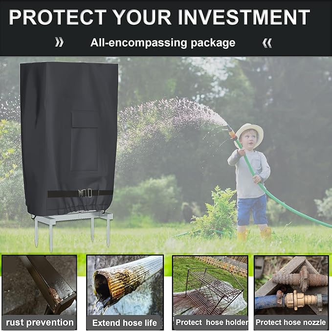 Garden Hose Holder Cover, Made with 100% Waterproof, Heavy Duty 500D Oxford Polyester Coated Tarpaulin for a Tighter Wrap and All Around Protection, 35.4″ x 10″ x 31.5″, Gray