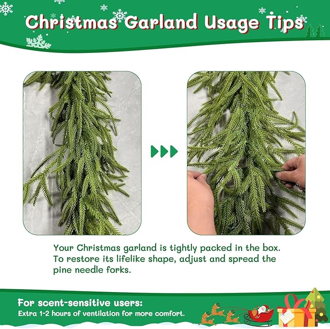 Findosom 2PCS 9Ft Christmas Norfolk Pine Garland, Real Touch Artificial Winter Green Pine Garland for Mantle, Wall, Fireplace, Stairs, Table, Indoor & Outdoor Christmas Decorations