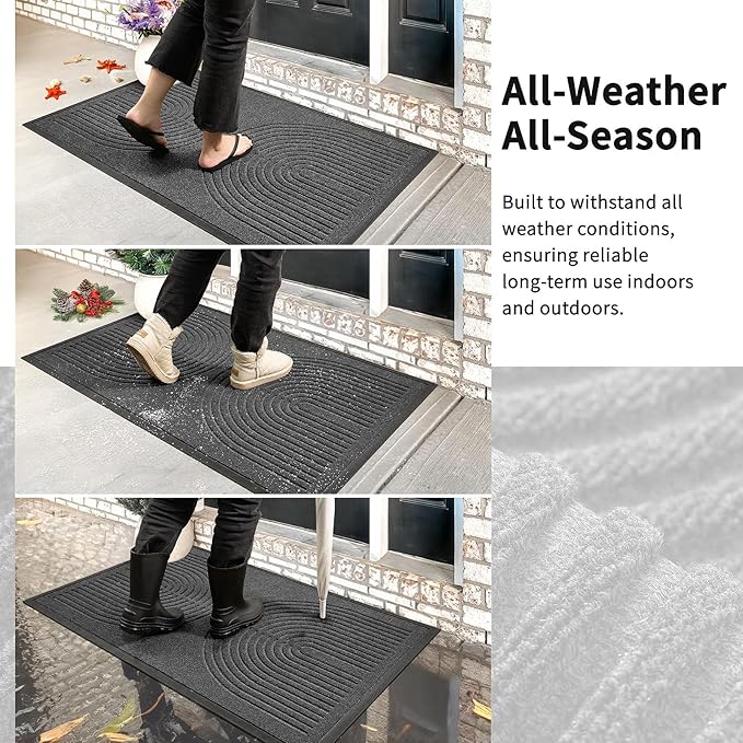RORA Front Door Mat Outside Entrance, Non Slip Outdoor Mats for Front Door, Heavy Duty Natural Rubber Floor Mat for Entryway, Patio, Garage, Porch, 24"x36", Grey