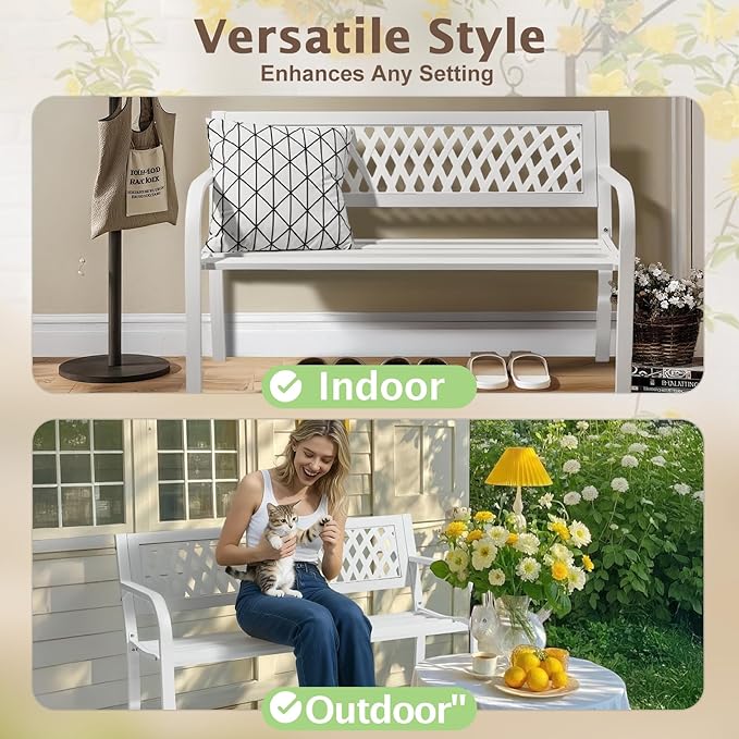 Outvita Outdoor Bench, 47" Iron Steel Frame Garden Bench with Mesh Pattern and Plastic Backrest Armrests, Patio Bench for Garden Park Yard Front Porch Patio, White