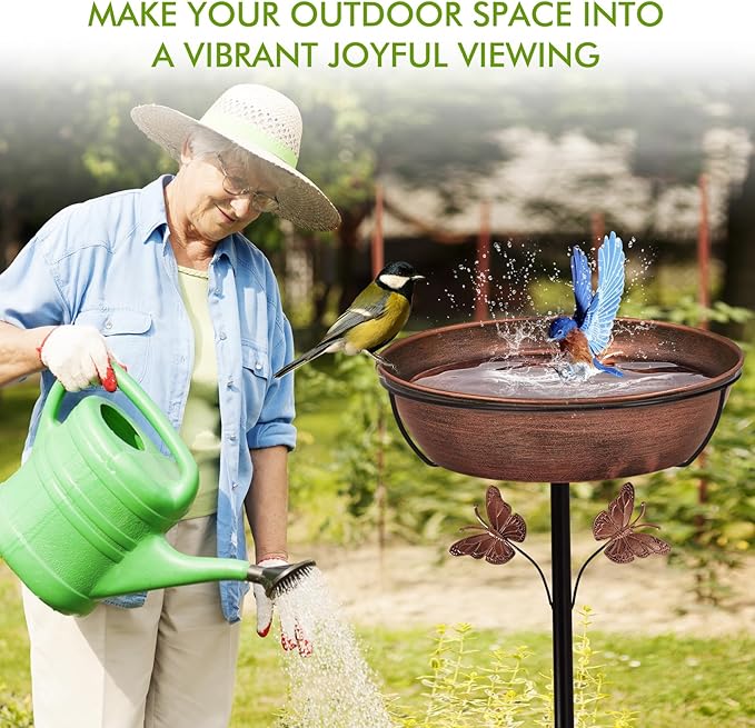 Metal Bird Bath Feeder for Outside – 3.14’’ Deep Birdbaths Bowl with Stable Stake & Upgraded 5-Pronged Base, 13’’ Dia Freestanding for Garden Yard Lawn Decor, 44’’ Tall Easy Clean 1.5 Gallon