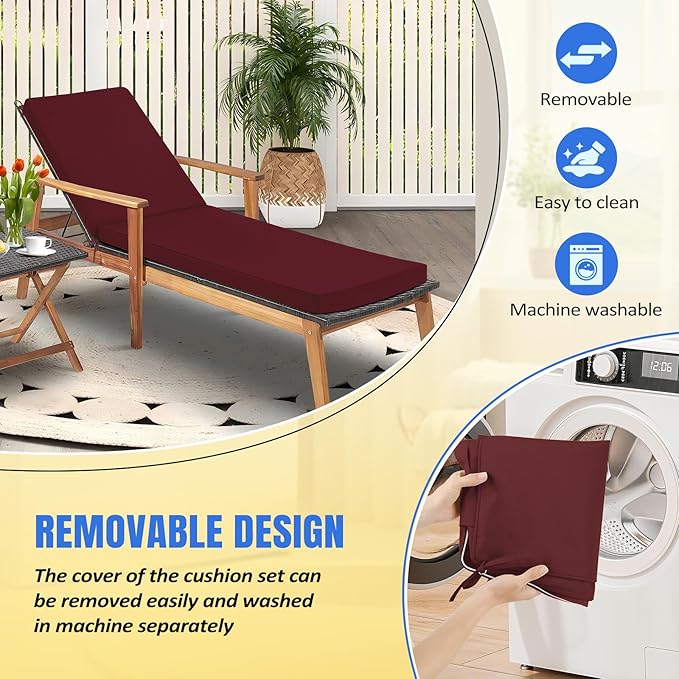 Basic Beyond Chaise Lounge Cushions Outdoor, 3-Layer Waterproof Outdoor Furniture Cushions with Removable Cover and 4 Ties, 72"x21"x3" Patio Lounge Chair Cushions for Outdoor Furniture, Burgundy