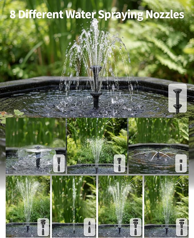POPOSOAP 6.5W Solar Fountain Pump with Filter Box Built-in Battery Backup, Solar Water Fountain with Nozzles & Tubing for Bird Bath, Small Ponds, Fish Tanks & Water Gardens P3065D