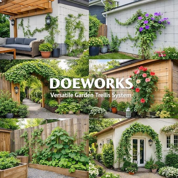 DOEWORKS Wire Trellis for Climbing Plants Outdoor, 16 Set Wall Wire Trellis Kit with 1/8 in x 80ft Stainless Steel Cable, Espalier System for Fence and Garden DIY Projects