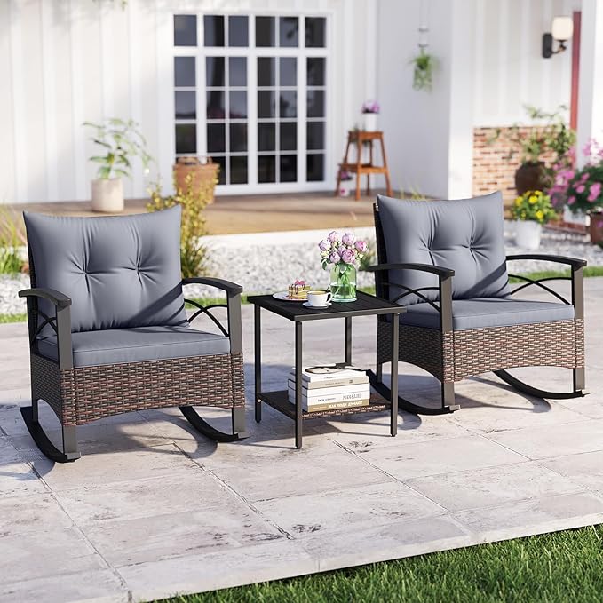 Tangkula 3 Pieces Outdoor Rocking Chairs Set, Rattan Heavy Duty Cushioned Rocker Chairs with 2-Tier Tempered Glass Coffee Table, for Garden, Balcony, Backyard (Gray)
