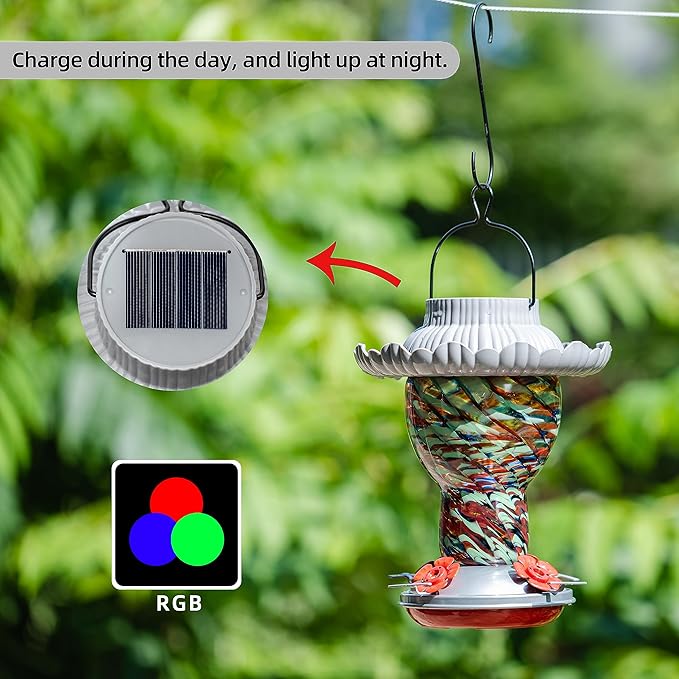Solar Hummingbird Feeder for Outdoors Hanging Ant and Bee Proof, 25oz Color Changing Light Hand Blown Glass, Leakproof Garden Decor, Gitfs for Bird Lover (Multicolored)
