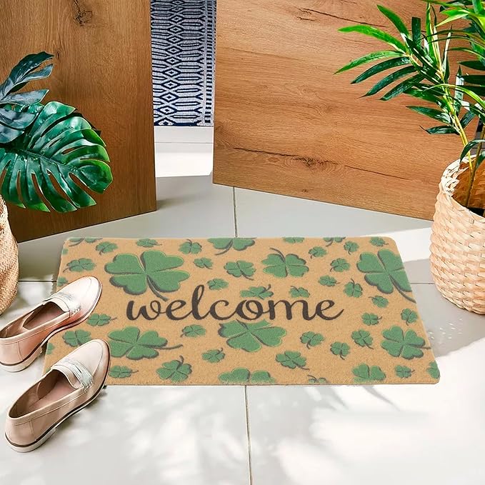 St. Patrick's-Day-Clovers-Welcome-Mats Outdoor-Entrance Green-Shamrock-Outdoor-Doormat Non Slip Coir Front Door Mat for Irish Home Decor 17" x 29"